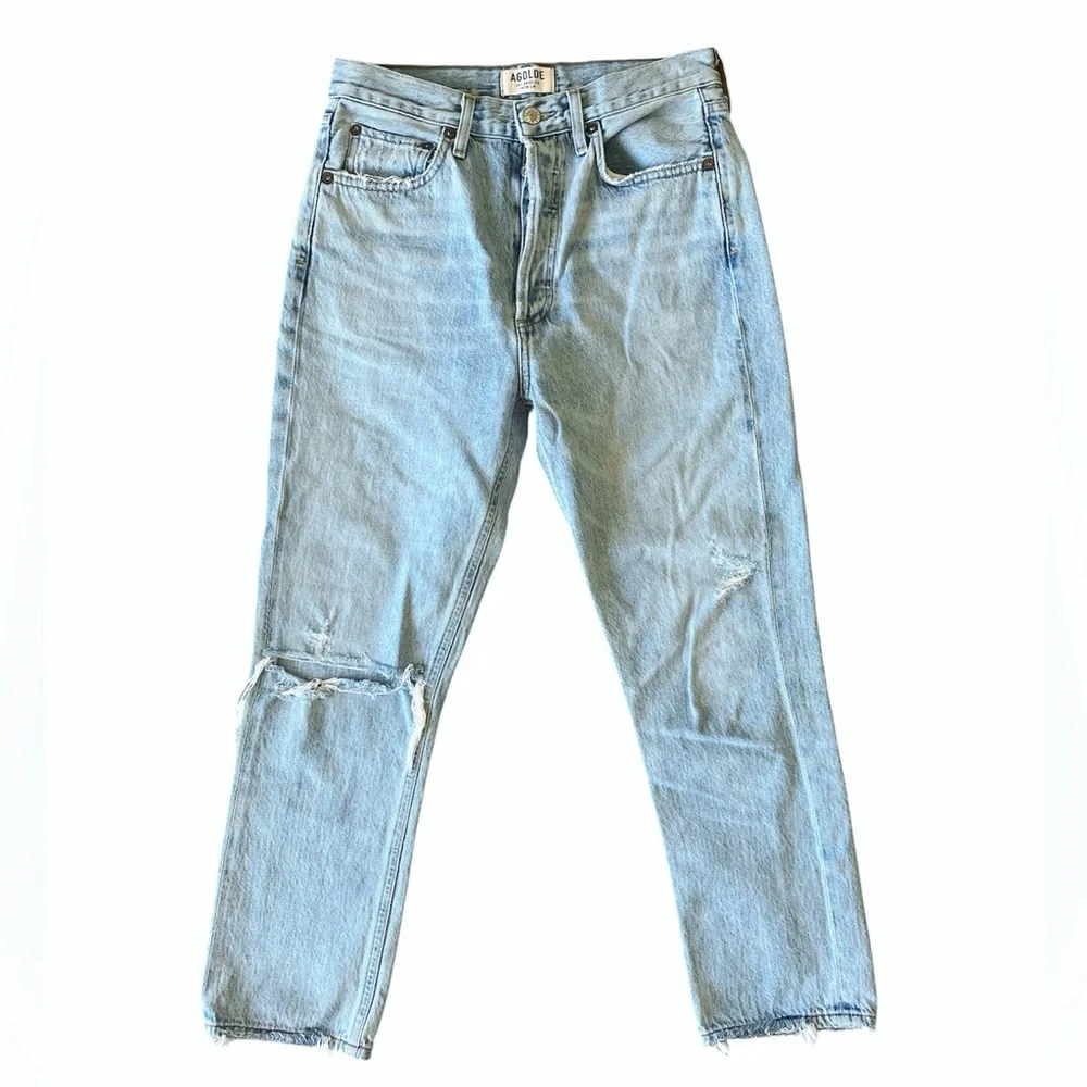 Agolde Riley High Rise Straight Crop jeans light blue distressed size 27 - Picture 2 of 12